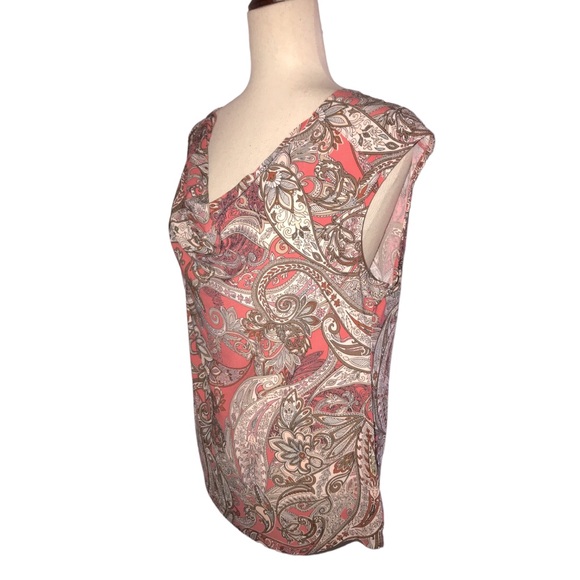 Roz & Ali Paisley Blouse Cap Sleeves Size Medium Coral Brown Cream Drape Front - Picture 8 of 13